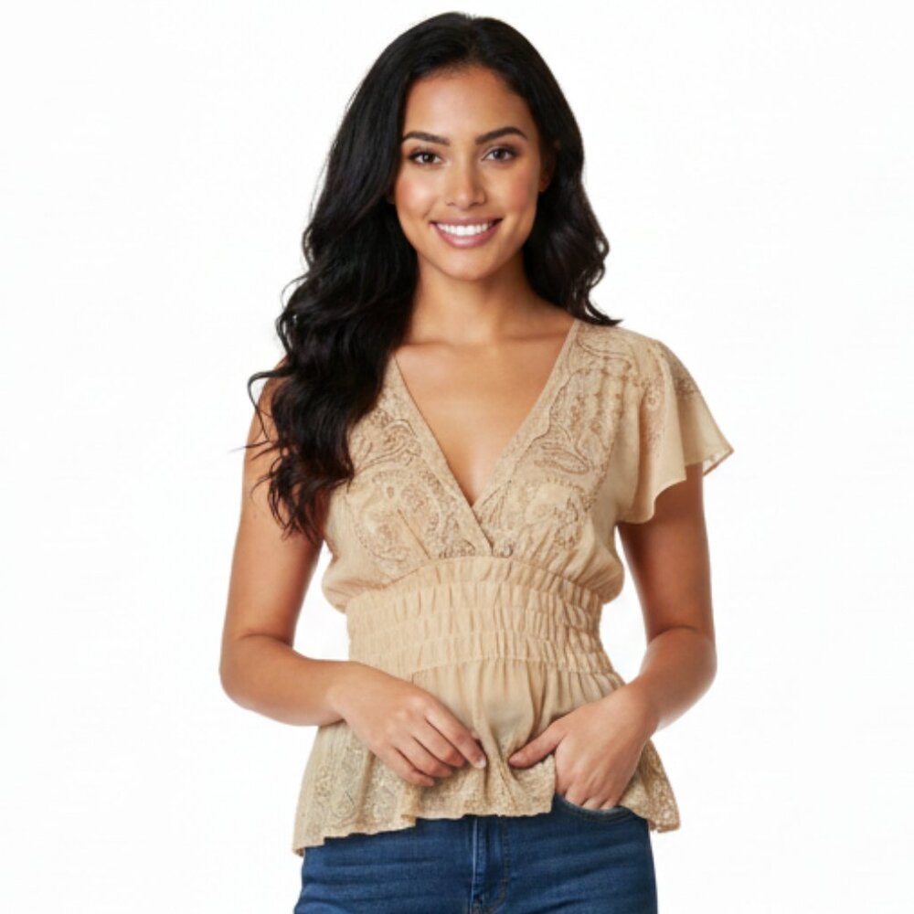 Vertigo Paris Embroidered Sheer V‑Neck Top | Size M